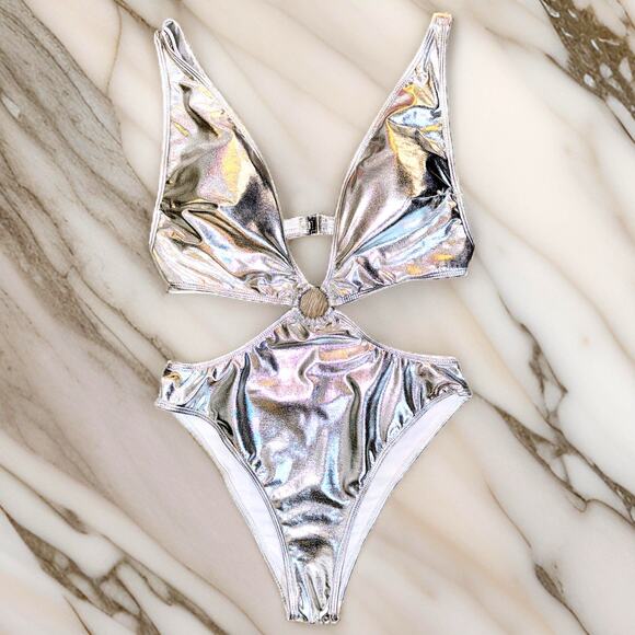 New Medium Silver Metallic Monokini‎ One Piece Swimsuit Beach Cutout Rave Fest - Picture 1 of 4